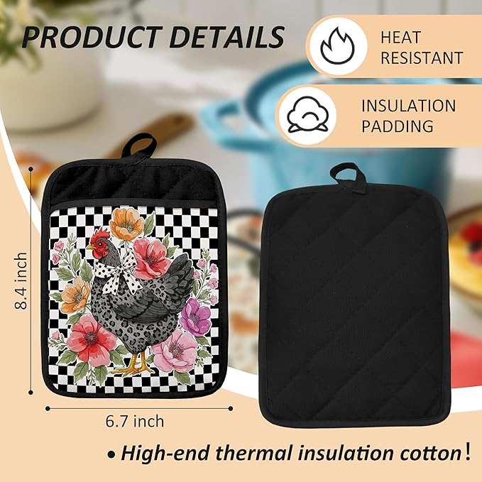 Trendy Floral Chicken Pot Holders for Kitchen, Chicken Lovers Mom Lady Gifts, Rustic Leopard Print Rooster Hen Heat Resistant Hot Pads and Oven Mitts for Baking Cooking