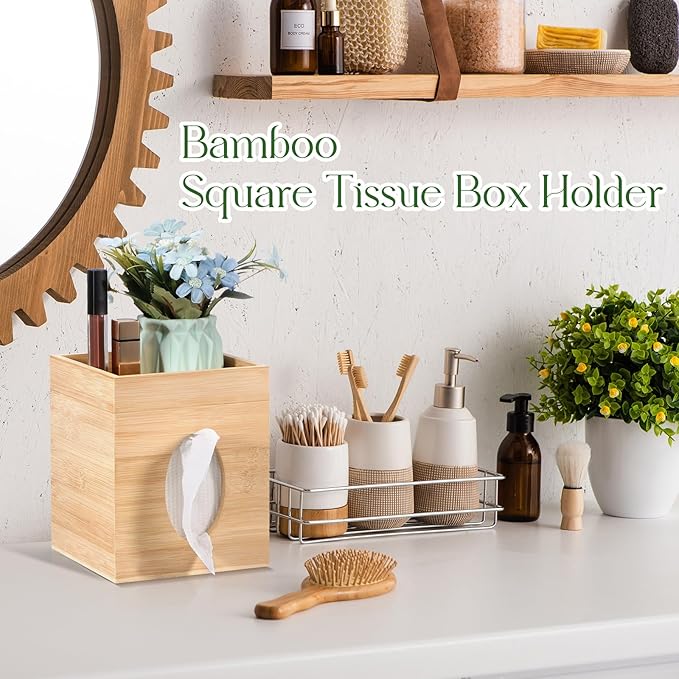 Tissue Box Cover, Bamboo Tissue Box Cover with Storage Tray Square Tissue Box Covers Holder for Bathroom, Bedroom, Dinner Table, Office, Tabletop 6" x 6" x 7.4"