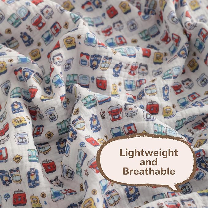 NTBAY 2 Layer Muslin Cotton Baby Swaddle Blanket, 42x60 Soft and Breathable Receiving for Newborns and Infants, Perfect for Crib, Stroller, Travel, Lightweight Nursery Blanket, Cartoon Train