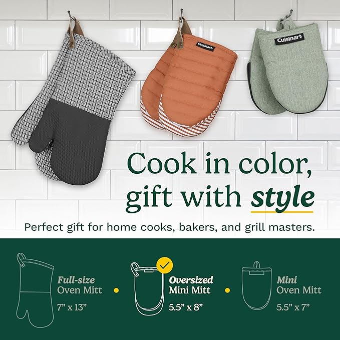 Cuisinart ShieldPro Silicone Oven Mitts – 5” x 8.5” Heat-Resistant Mini Kitchen Mitts for Oven with Non-Slip 100% Silicone Palm, Cotton Filling, and Hanging Loop (Gray)