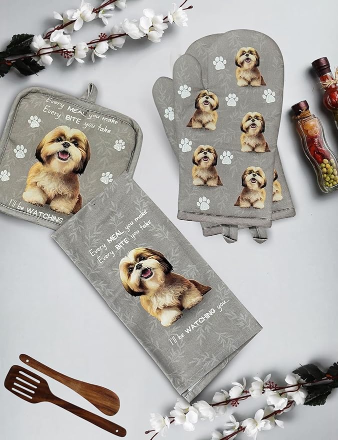 Shih Tzu 3-Piece Kitchen Set -Oven Mitt, Pot Holder & Kitchen Towel Set, Heat Resistant up to 420 F, Soft Quilted Cotton for Cooking, Baking, BBQ, Pet Lover Gifts (Shih Tzu Tan)