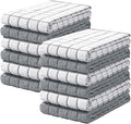 Homaxy Premium Cotton Kitchen Towels 16"x 28", Large Natural Ring Spun 390 GSM Dish Towels, Super Absorbent Terry Kitchen Hand Towels, Soft Tea Towels with Hanging Loop, Grey Check Design, 12 Pack