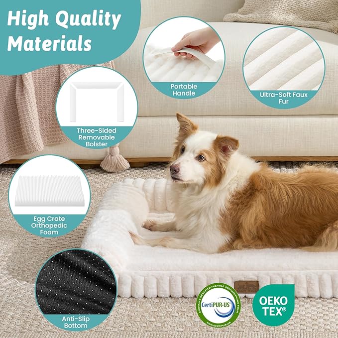COZY KISS Cute Dog Bed for Small Dogs, Faux Rabbit Fur Orthopedic Foam Dog Bed with Sides, Removable Washable Cover & Waterproof Lining, Comfortable Pet Couch, Cream (30" L x 20" W x 6" Th)