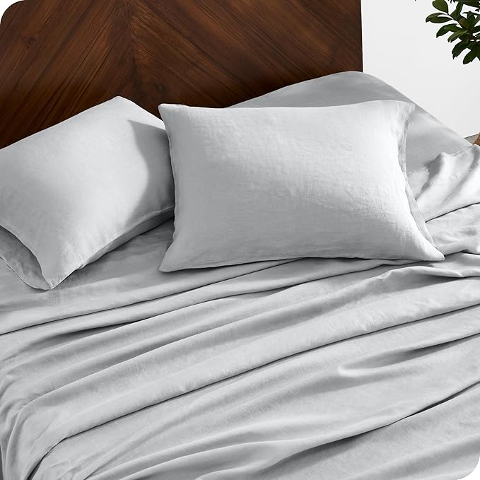 Bare Home Split King Sheet Set - Luxury 100% Linen Bed Sheets - Deep Pockets - Easy Fit - 5 Piece Set - Bedding Sheets & Pillowcases (Split King, Glacier Grey)