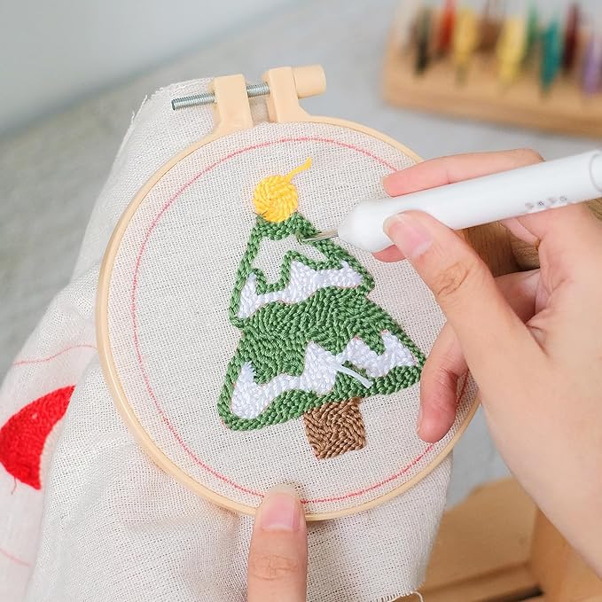 HAND U JOURNEY 3Pcs Embroidery Punch Needle Fridge Magnet Kit (Non-Magnetic), Original Design with 2.2mm Punch Tool, Threads and Hoop (X'Mas)