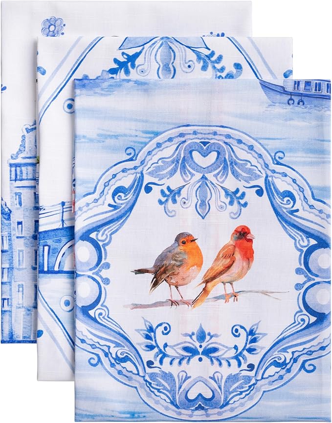 Maison d'Hermine Kitchen Towels Set of 3 100% Cotton 27.50" x 20" Reusable Cloth Tea Dish Towels Absorbent with Hanging Loop for Kitchen,Home,Dining,Cocktail Parties Spring/Summer (Amsterdam Canals)