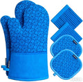 Oven Mitts and Pot Holders Sets 6pcs, Kitchen Oven Glove,High Heat Resistant 550 Degree Extra Long Oven Mitts and Potholders with Non-Slip Silicone Surface for Home Essentials (Grey) (Navy Blue)