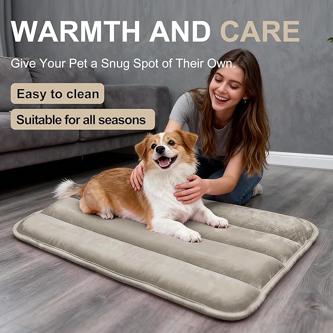 Fogkiss Dog Bed Mat, Reversible Dog Crate Pad with Washable Kennel Mat and Soft Foam, Flat Pet Bed for Dogs & Cats, for Crates Carriers & Travel (Light Brown, 28" L*16" W*1.5" Th)