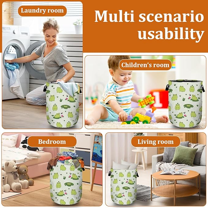 Cute Frog Laundry Basket with Sturdy Handles, Collapsible Oxford Cloth Laundry Hamper Organizer Basket for Bathroom Bedroom 15.7x20 Inch