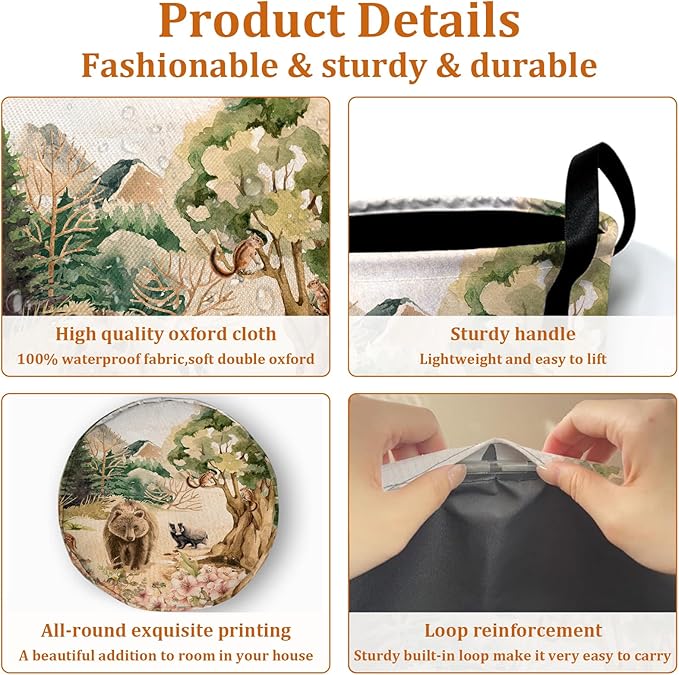 Forest Bear Deer Laundry Basket with Sturdy Handles, Watercolor Wild Animal Collapsible Oxford Cloth Laundry Hamper Organizer Basket for Bathroom Bedroom 15.7x20 Inch