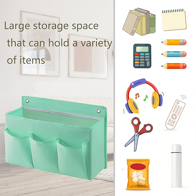 LASAMOLL 2-Pack Hanging Storage Baskets - Wall Organizer with 3 Pockets for Home/Dorm/Closet/Door, Multi-Purpose Space Saver for Office/Bathroom/Nursery - Foldable Fabric Organizer (Green)