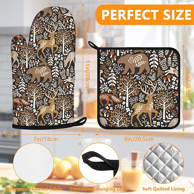 Bear Deer Oven Mitts and Pot Holders Sets 4Pcs,Extra Long Oven Gloves Potholder for Kitchen Cooking Baking BBQ 100% Cotton Heat Resistant