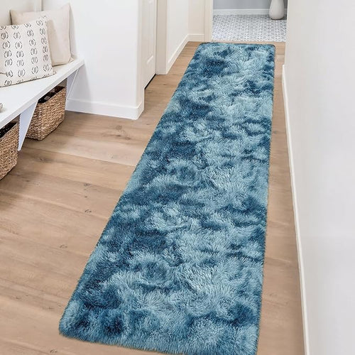 2x8 ft Plush High Pile Blue Tie-Dyed Rug Fluffy Soft Runner Bedside Rug for Bedroom Living Room Hallway Nursery Kids Home Decor Shag Carpet
