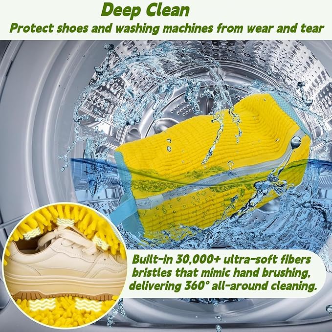 LOJWRY Shoe Washing Machine Bag 2 Pcs XL, Shoe Laundry Bag for Washer with Self-Locking Zipper, 360°Deep Clean Effectively Protects Shoes Suitable for Sneaker, Tennis and Other Types of Shoes (Yellow)