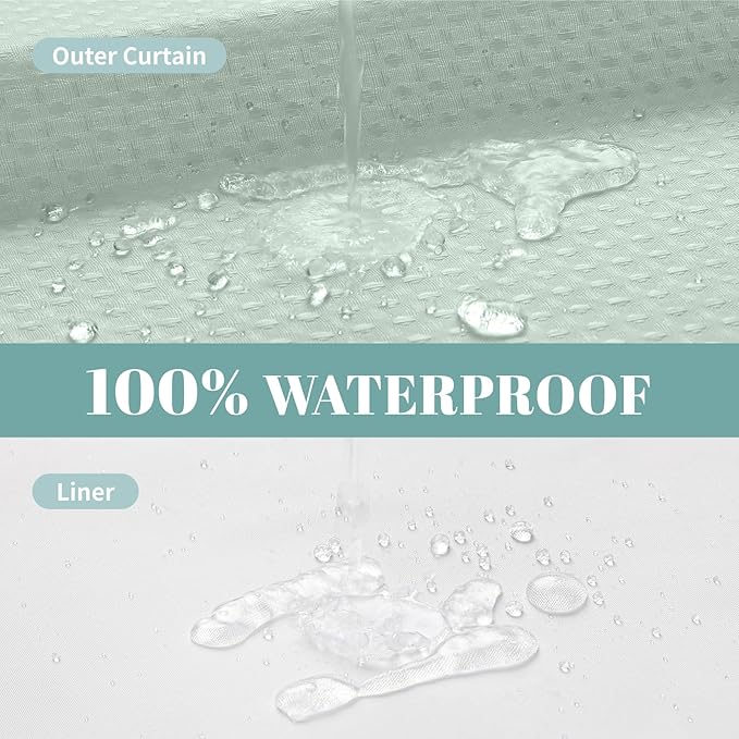 eachope MintGreen Extra Long No Hook Waffle Weave Shower Curtain with snap-in Liner Replacement, 230GSM Waterproof Fabric Hotel Shower Curtain Set for Bathroom, Through Mesh Top Window,71Wx86H