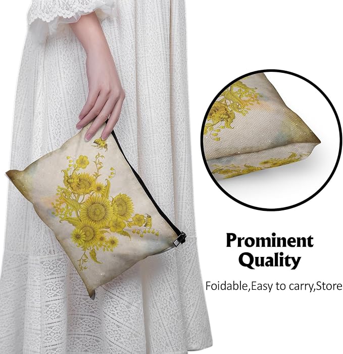 Cafl Retro Honey Bees Makeup Bag Travel Large Elegant Floral Cosmetic Bag Organizer toiletry Essentials Jewelry Zipper Bag Gift For Women -10×8 inch