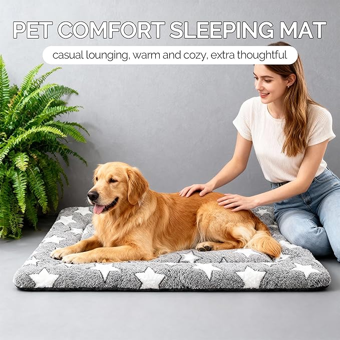 Fogkiss Dog Bed Mat, Reversible Crate Pad & Durable Dog Bed - Machine Washable Kennel Mat with Ultra Soft for Large Dogs (Cool/Warm), 35" x 23", Grey&Star