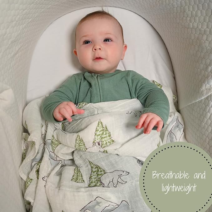 LollyBanks 100% Cotton Soft Muslin Swaddle Blankets, Polar Bear Theme, 47 x 47 Inches, 3-Pack