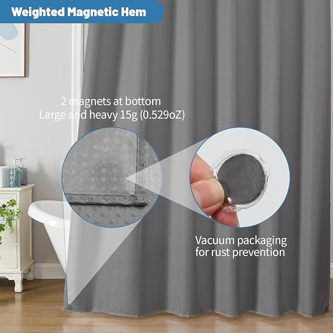 THAIGEE 2-in-1 Waterproof Fabric Shower Curtain - No Separate Liner Needed, Hotel-Style Waffle Weave, Effortless Cleaning & Washable Bathroom Shower Curtain Set,72Wx78H,Grey
