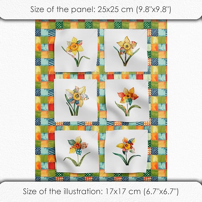 Daffodil Patchwork Cotton Fabric Panel – 6 Designs (10×10 inch Each) + Bonus Patchwork Sheet 29.5×19.6 inch, 100% Cotton 140 GSM