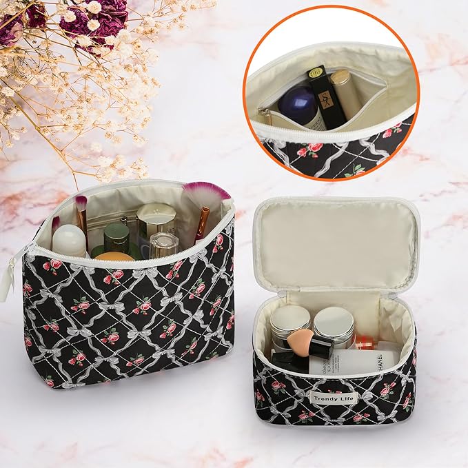 HAOGUAGUA 2 Pieces Makeup Bag, Small Large Quilted Cosmetic Bag, Travel Floral Make Up Toiletry Organizer Bag for Women Girls (2PCS STYLE B-5)