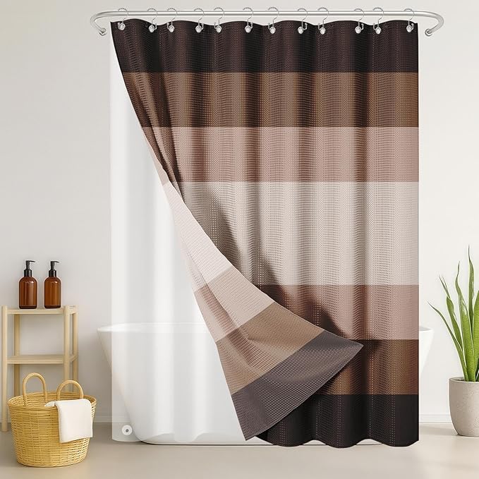 Nesphy Shower Curtain and Liner, Brown Striped 3 in 1 Shower Curtain and PEVA Liner Set with 12 Rust-Resistant Metal Hooks, Waterproof Fabric Shower Curtains for Bathroom, 72 W x 72 H