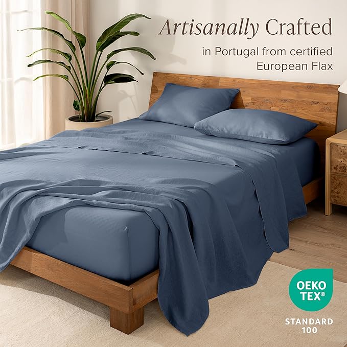 Bare Home Split King Sheet Set - Luxury 100% Linen Bed Sheets - Deep Pockets - Easy Fit - 5 Piece Set - Bedding Sheets & Pillowcases (Split King, Indigo)