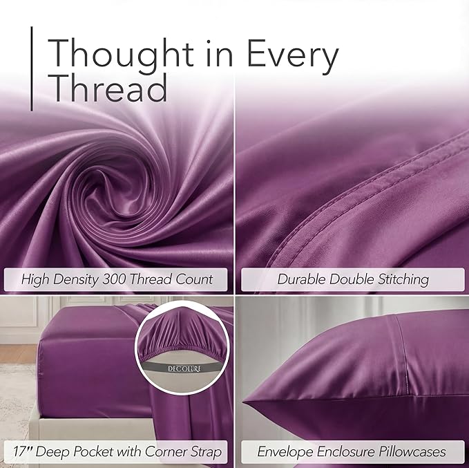 DECOLURE 100% Viscose Derived from Bamboo Sheets Queen Size - Luxury 6 Pc Naturally Cooling Sheets, Ultra Soft Bed Set - Deep 17" Pockets, Durable Double Stitching, Oeko Tex Standard (Purple)