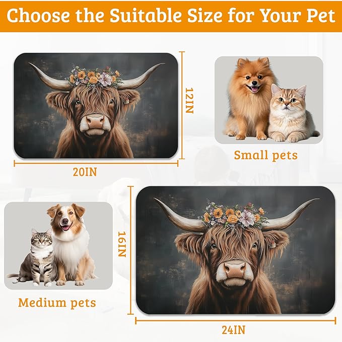 Highland Cow Feeding Mat, Absorbent Quick-Dry Cat Dog Food and Water Bowl Mats,Non-Slip Rubber Backing Mat,Cat Dog Accessories Supplies 12" x 20"