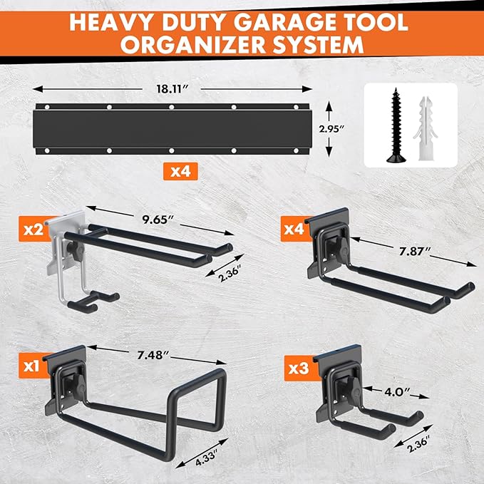 Lvoess 64'' Garage Tool Organizer Wall Mount, 620lbs Heavy Duty Metal Storage Rack | Adjustable Hooks Garden Tool Organization System | Anti-Rust Shed Rack for Hanging Shovel, Rake, Broom, Snowboard