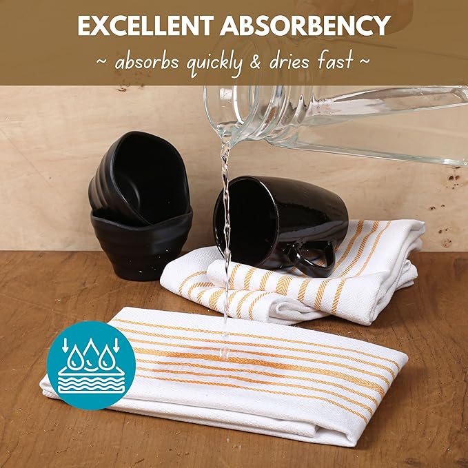 Native Fab Yellow Stripe Kitchen Dish Towels 16"x26" Set of 4 - Herringbone Weave Scandia Striped 100% Cotton Dish Cloths for Washing Dishes, Absorbent Hand Towels - Yellow White