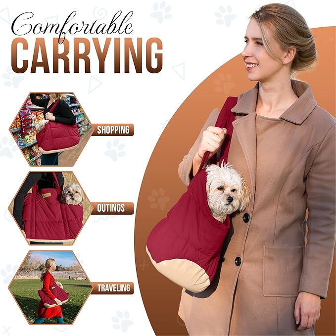 NoblePup Plush Dog Purse Carrier for Small Dogs, Soft Dog Tote Bag with Safety Harness Clip, Cozy Pet Carrier for Dogs Under 15 lbs, Comfortable Dog Shoulder Carrier for Travel, Red