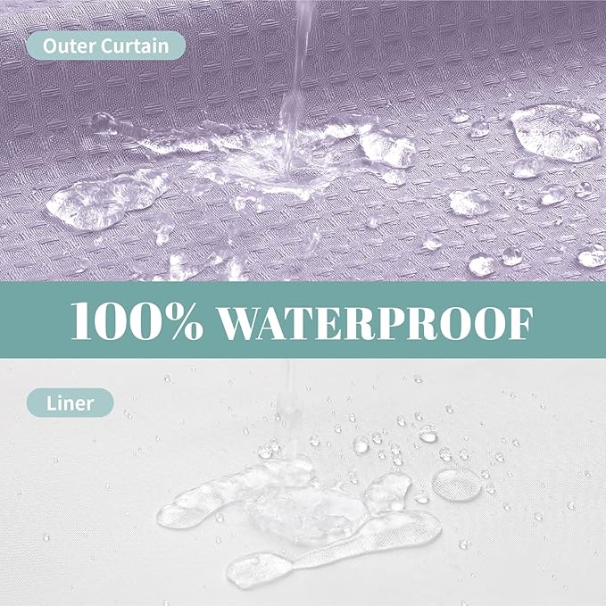 eachope Lavender Long No Hook Waffle Weave Shower Curtain with snap-in Liner Replacement, 230GSM Waterproof Fabric Hotel Shower Curtain Set for Bathroom, Through Mesh Top Window,71Wx80H