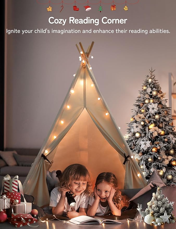 besrey Kids Tent, Teepee Play Tent with Lights and Padded Mat, Portable Cotton Tipi for Indoor Reading and Playtime