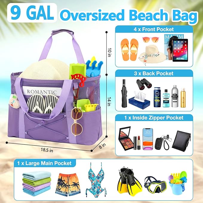 Fammart Mesh Beach Bag, Large Beach Tote with Zipper Pocket for Family Pool Bag for Toys & Vacation Essentials