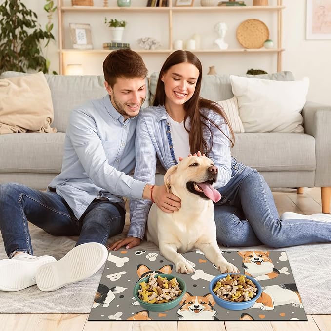 Eizlang Corgi Dog Cat Food Mat,12"x20" Inches Rapid Absorbent Pet Feeding Mat,Pets Placemat Water Bowl Mats with Rubber Backing,No Stains Cat Dog Feeding Mats Indoor,Pet Accessories Supplies
