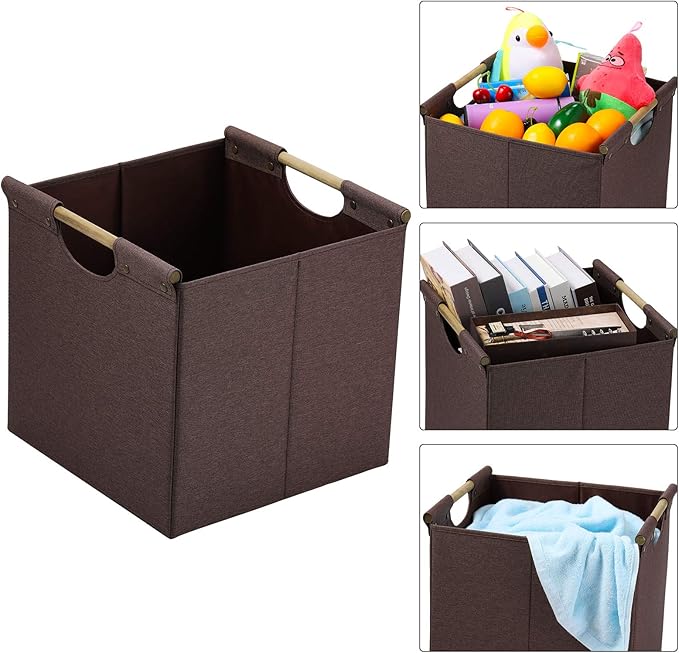 HOONEX Collapsible Storage Bins, 13x13x13 Inches Storage Cubes Linen Fabric, 3 Pack, Storage Baskets with Wooden Carry Handles and Sturdy Heavy Cardboard, for Home, Office, Car, Nursery, Brown