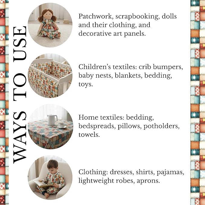 Soft Rustic Patchwork Cotton Fabric – Premium Turkish Printed Cotton 140 GSM, Pre-Cut 61 x 36.6 Inches, Quilting & Sewing Fabric for Crafts, Home Decor & DIY Projects