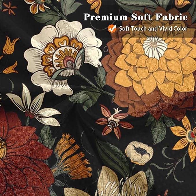 Culudea Boho Floral Black Shower Curtain Set, Vintage Flower Peony Plant Bathroom Window Waffle Textured Cloth Waterproof Shower Curtains for Bathroom Decor
