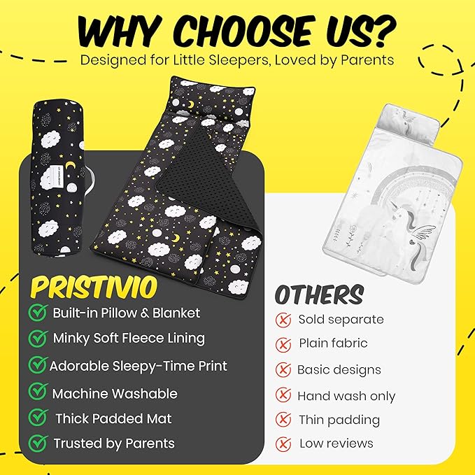 PRISTIVIO Roll Up Kids Nap mat with Fleece Ultra-Soft Minky Blanket and Pillow – Soft Toddlers Sleeping Mat with Dreamy Star-and-Cloud Design for Daycare, Preschool, Travel, Camping, Kindergarten