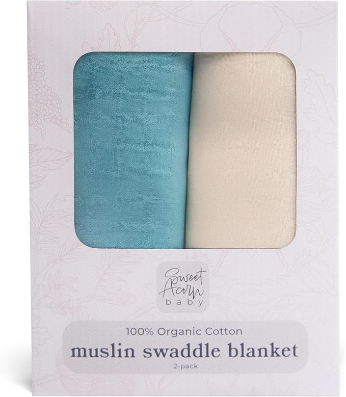 Sweet Acorn Muslin Swaddle Blanket – Soft Cotton Muslin Baby Blanket for Newborns, Infants, and Toddlers, All-Season Comfort Baby Essential - Teal and White