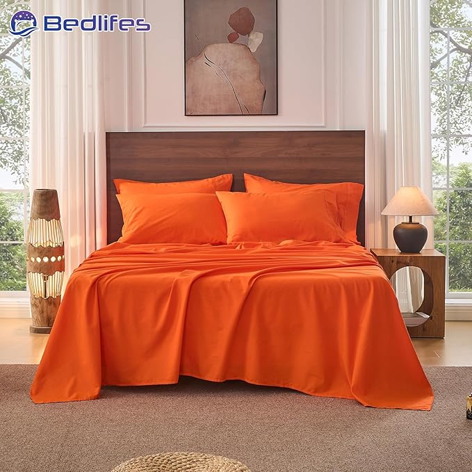 Bedlifes 100% French Pure Linen Sheets California King Size Breathable and Cooling Flax Sheet Set Soft Durable and Moisture Wicking 16 Inch Deep Pocket-4 Piece(Cal King,Orange)