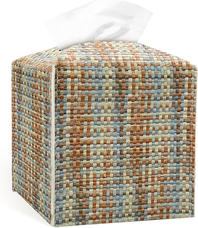 PU Leather Tissue Box Cover with Bottom Belt - Modern Square Tissue Box Holder with Wide Opening - Blue White Camel, Woven Patterns