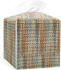 PU Leather Tissue Box Cover with Bottom Belt - Modern Square Tissue Box Holder with Wide Opening - Blue White Camel, Woven Patterns