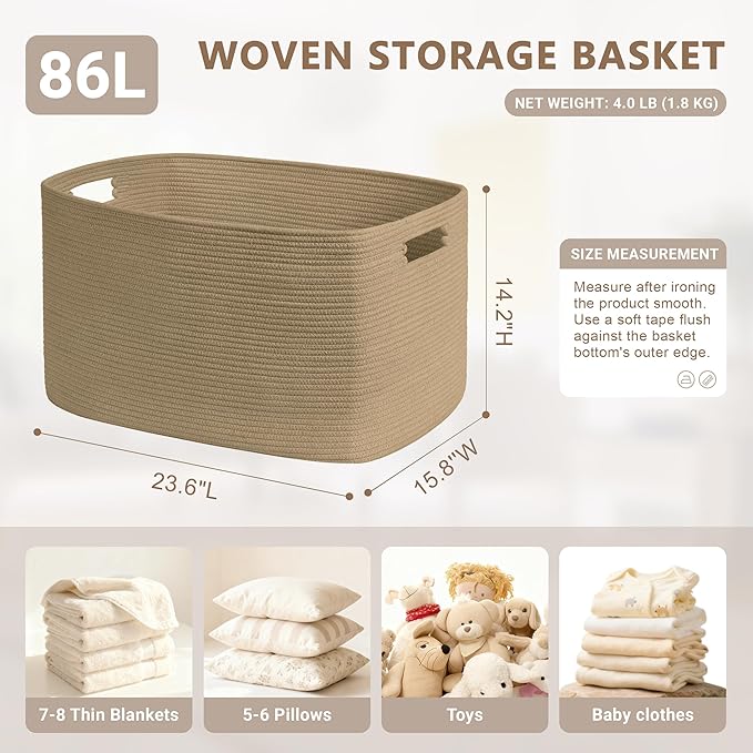 SunNewt 86L Large Wicker Laundry Basket for Living Room Storage,Boho Woven Cotton Rope Baskets for Kids Toy,Gifts,Square Blanket Hamper for Bedroom Dirty Clothes,Jute