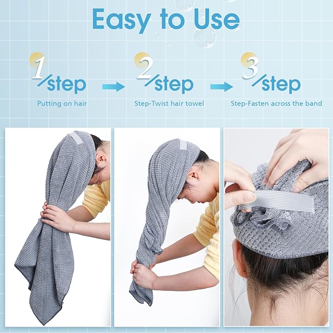 Breling Gray 3 Pack Large Microfiber Hair Towel 24 x 38 Inch Absorbent Wrap Turban Quick Dry for Women Men Curly Hair Shower