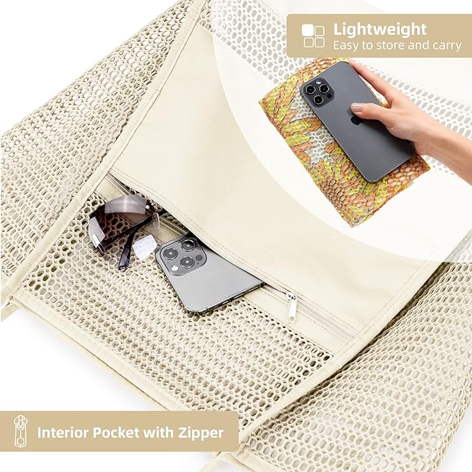 KALIDI BeachNylon Mesh Tote Bag, Casual Tote Bag Hobo Women Foldable MAX 23L Shoulder Bag For Beach Picnic Vacation