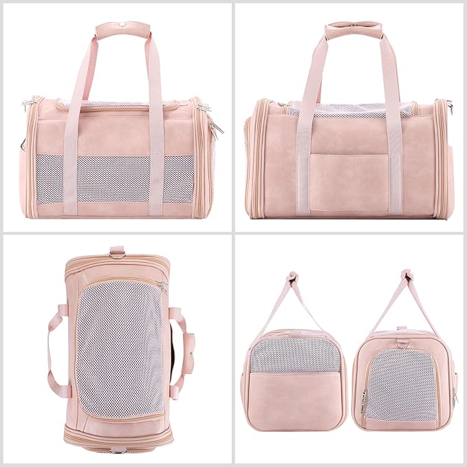 Monanller Fashion Leather Dog Carrier, Airline Approved Cat Carrier Soft Sided Pet Bag Carrier Purse for Puppy Kitten Small Animals Pink