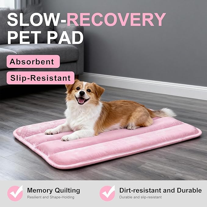 Fogkiss Dog Bed Mat, Reversible Dog Crate Pad with Washable Kennel Mat and Soft Foam, Flat Pet Bed for Dogs & Cats, for Crates Carriers & Travel (Pink, 28" L*16" W*1.5" Th)