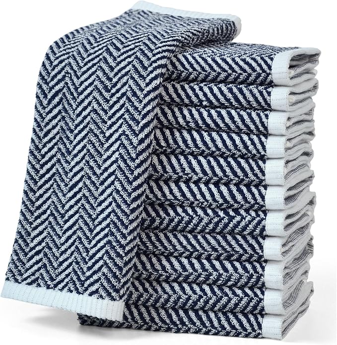 Cleanbear Wash Cloths for Showering with Striped Herringbone Patterns, 12 Cotton Washcloths for Bathroom, Large 13 X 13 Inches, Navy-Blue